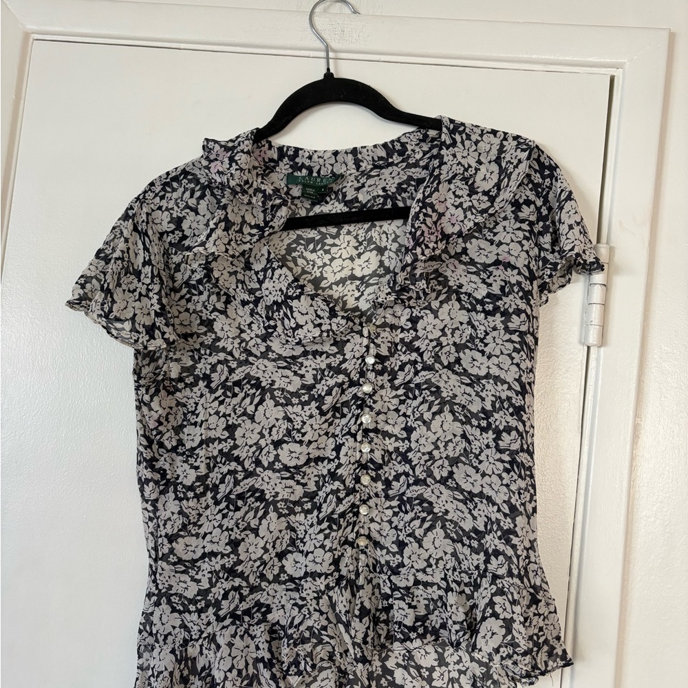Ralph Lauren Navy and White 100% Sheer Silk Floral Ruffle Blouse Size 8